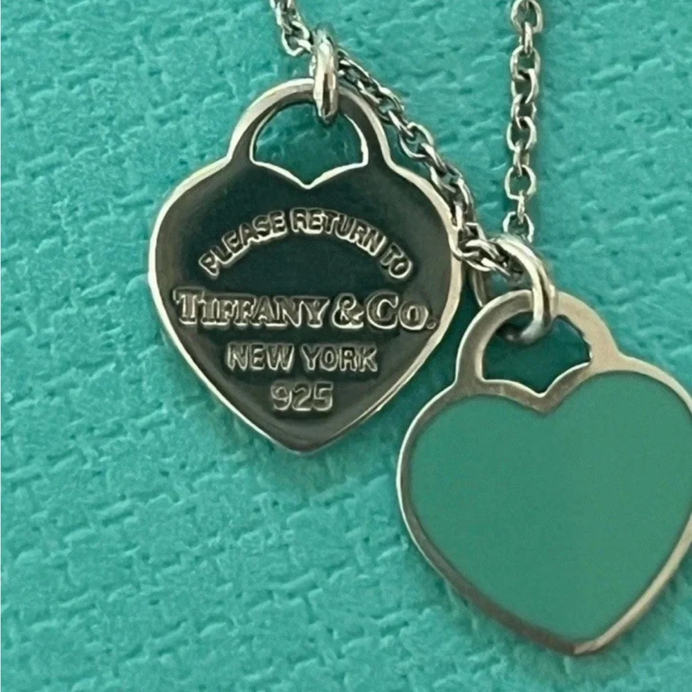 Tiffany & Co 💯% Auth 925 Silver Blue Mini Double Heart Necklace✨w/Pouch✨EUC✨